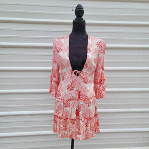 Spiaggia Dolce Red Tropical Print Tiered V-neck Beach Cover Up Dress Size M